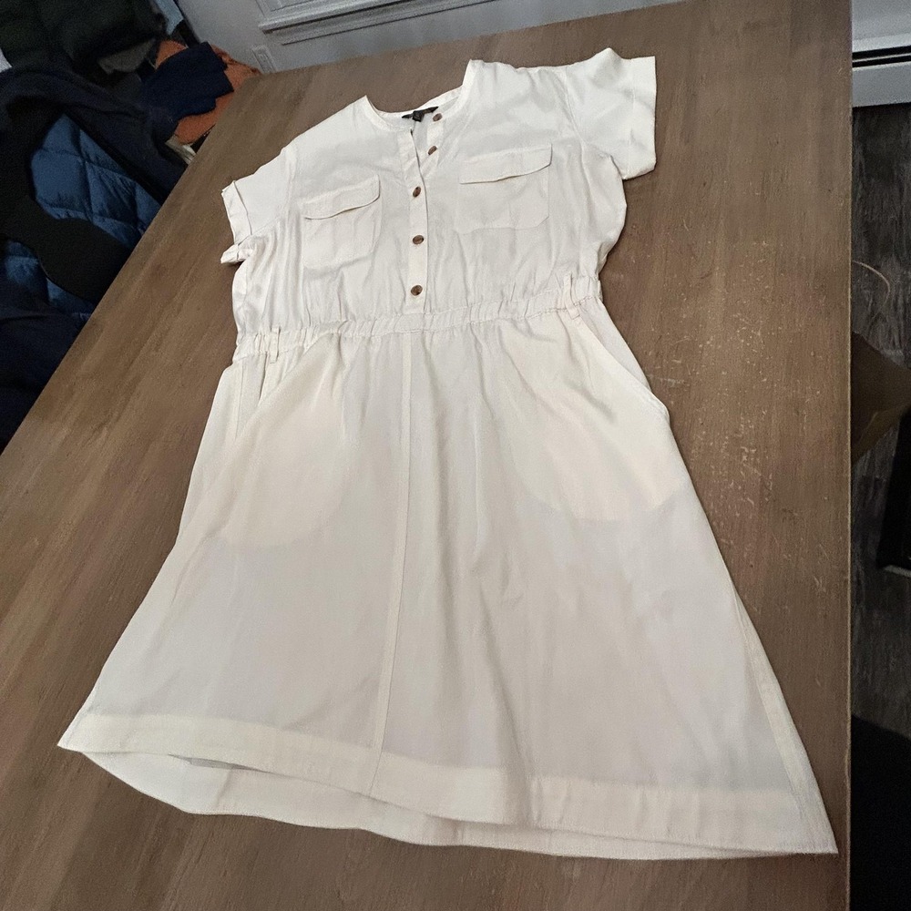 Banana Republic Shirt Dress Womens XL Tall White Lyocell Henley Elastic Pockets